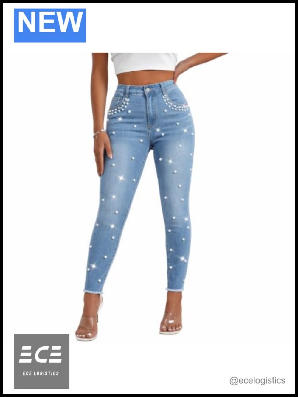 Mid Rise Skinny Jeans Faux Pearl Rhinestone Stretch Denim Pants